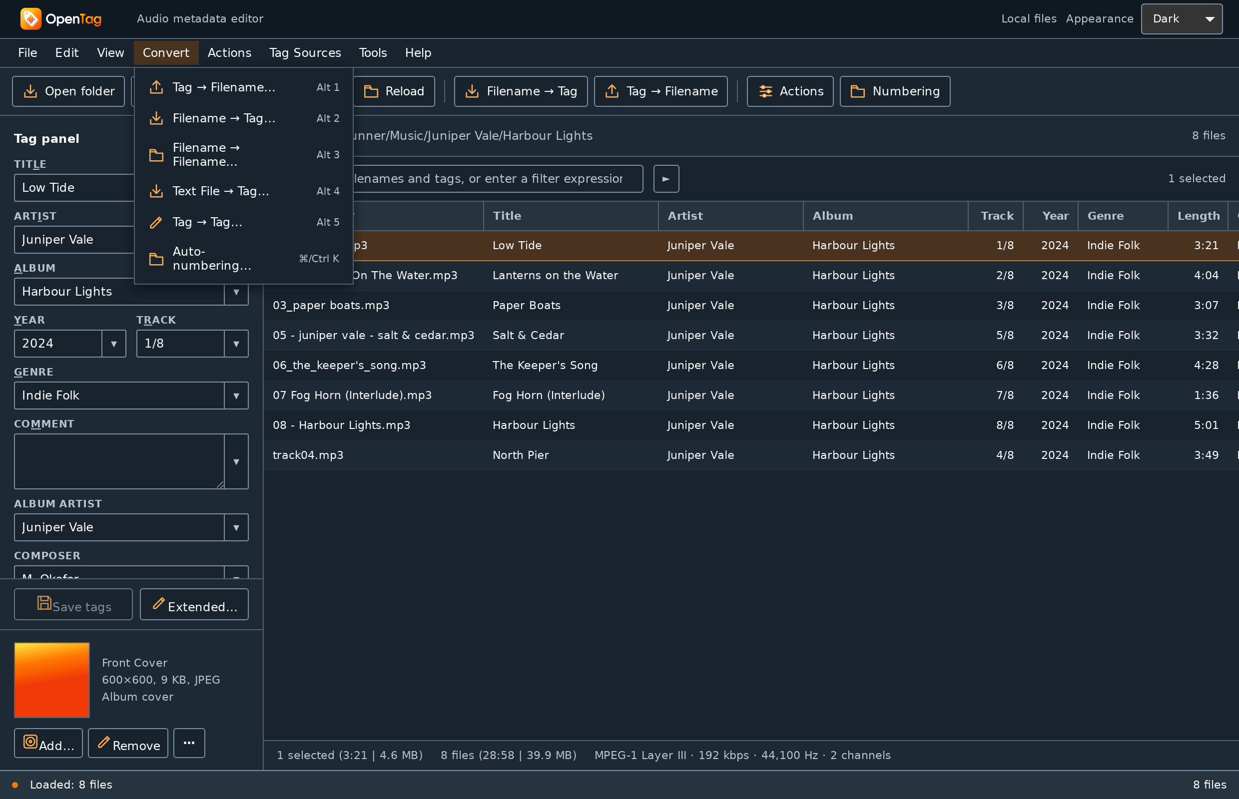 The Convert menu open, listing Tag → Filename, Filename → Tag, Filename → Filename, Text File → Tag, Tag → Tag and Auto-numbering