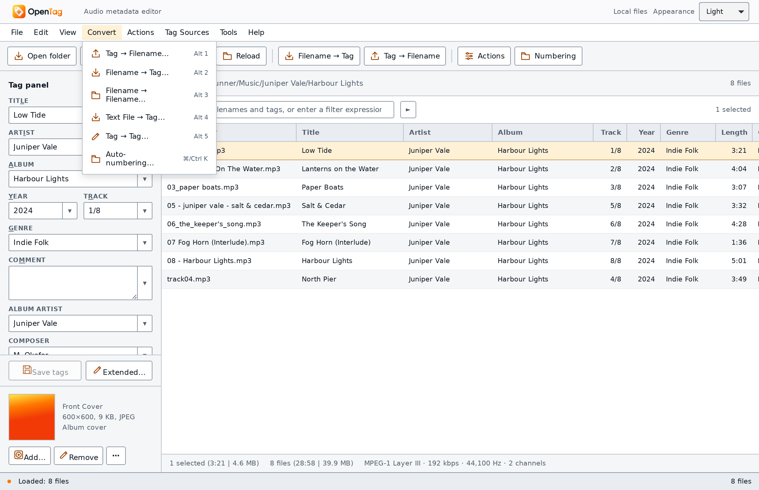 The Convert menu open, listing Tag → Filename, Filename → Tag, Filename → Filename, Text File → Tag, Tag → Tag and Auto-numbering
