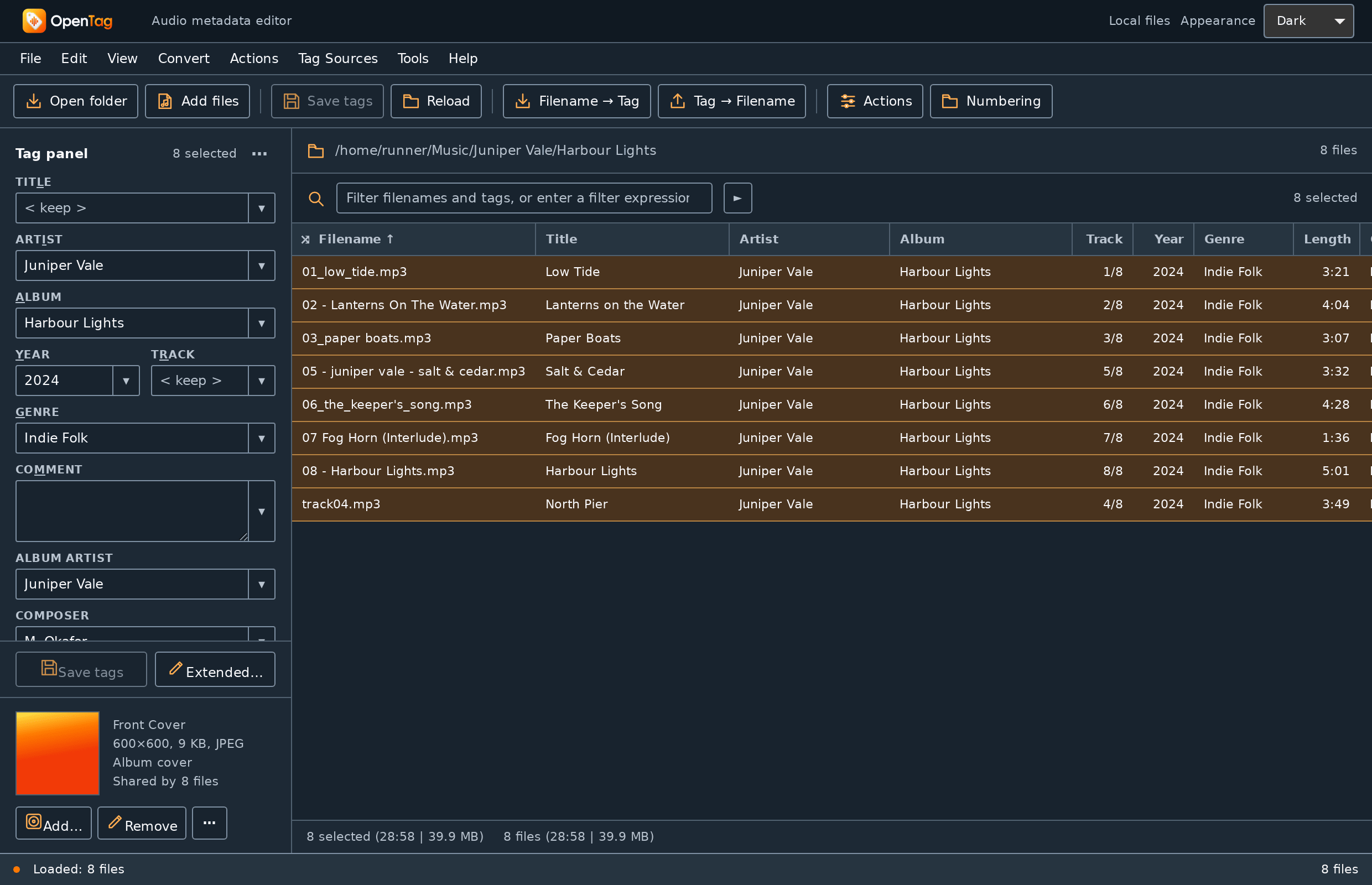 The tag panel with all eight files selected: Title and Track show < keep >, Artist, Album, Year and Genre show the shared values