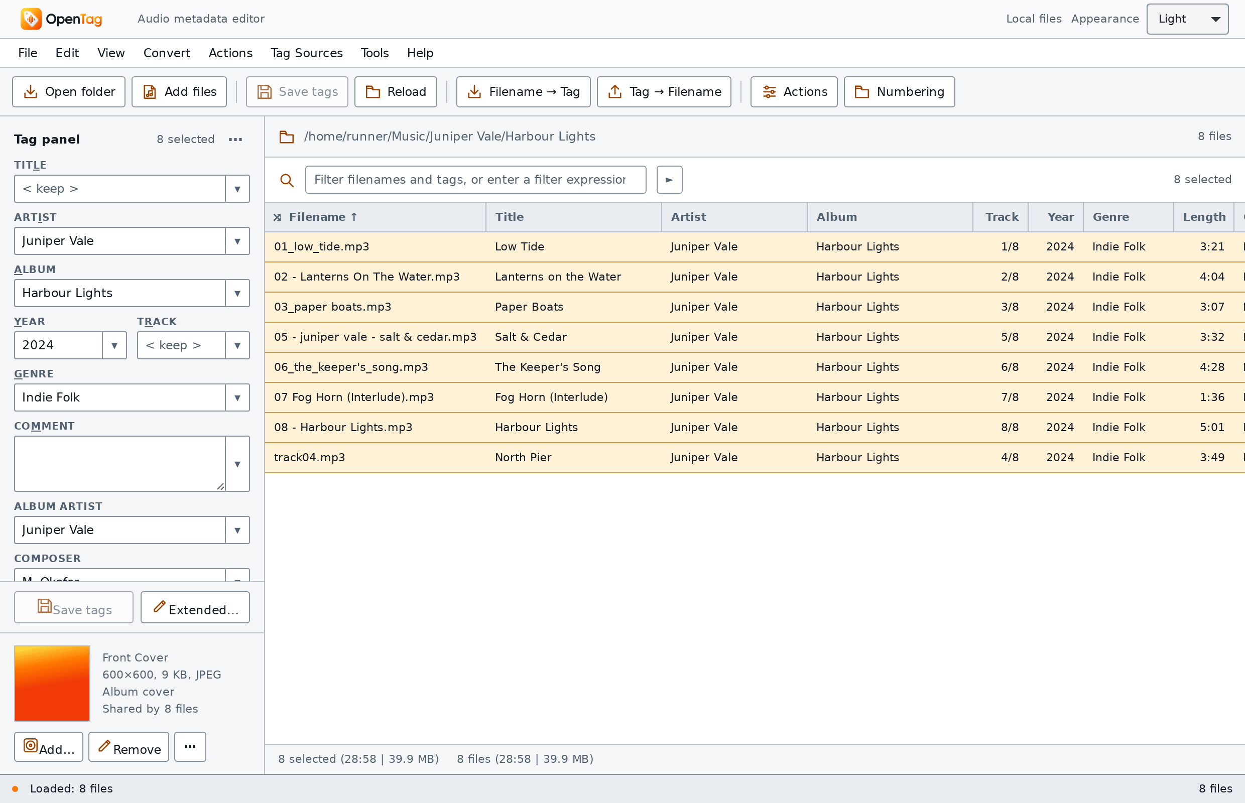 The tag panel with all eight files selected: Title and Track show < keep >, Artist, Album, Year and Genre show the shared values